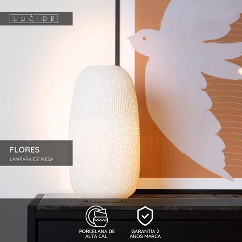 Lucide FLORES - Lámpara de mesa - Ø 17,5 cm - 1xE14 - Blanco - USP